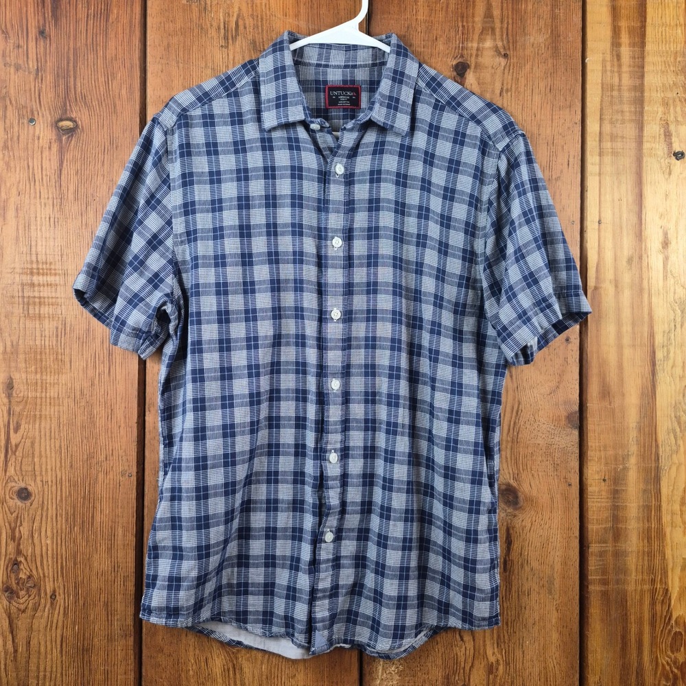 UNTUCKit Zuccardi Navy Blue Plaid Short Sleeve Slim Fit Cotton Shirt Mens Medium